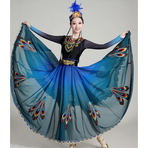 Women girls blue gradient Xinjiang dance costumes female minority style Uyghur dance large swing skirt performance dress art test solo dance long skirt for women